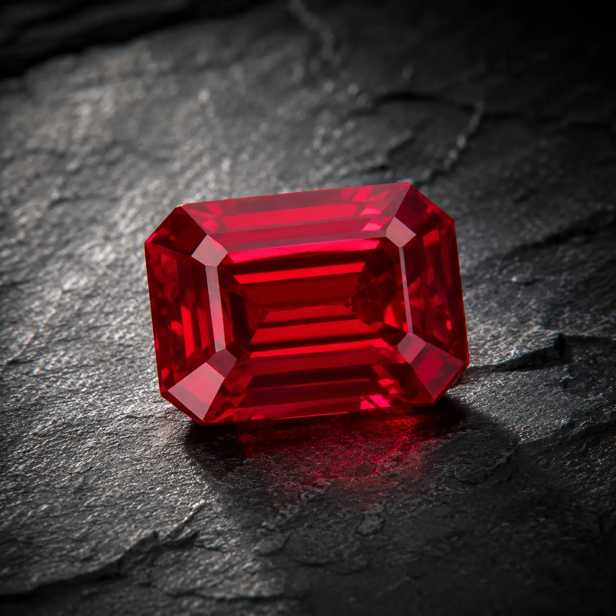 Rubis birman non traité « Pigeon Blood » taillé en émeraude, présentant une couleur rouge intense naturelle et une transparence exceptionnelle.