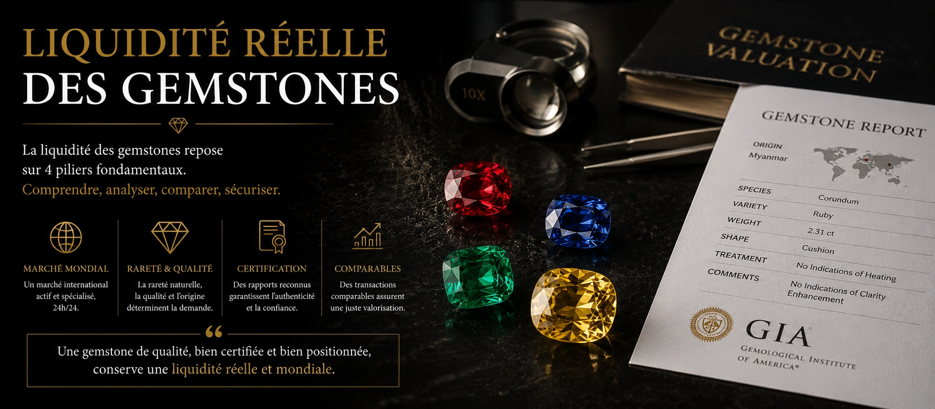 Rubis, saphir, émeraude et pierre précieuse jaune certifiés présentés avec un rapport gemmologique, illustrant la liquidité internationale des actifs gemmologiques de qualité.