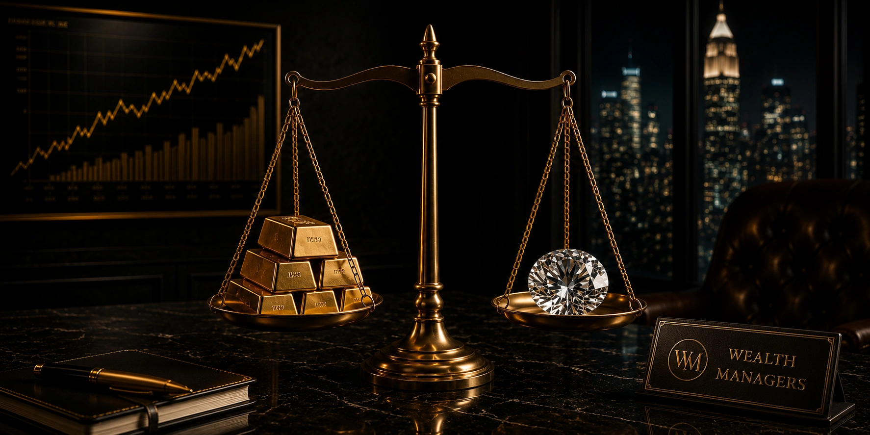 Balance de luxe comparant des lingots d'or et un diamant investment-grade dans un environnement de wealth management haut de gamme.