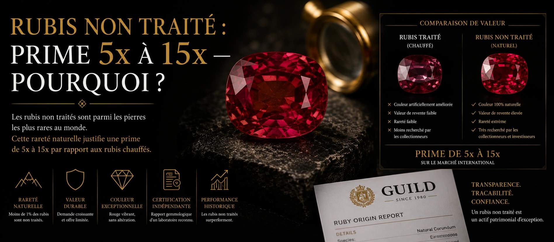 Rubis birman non traité de couleur rouge intense présenté sur fond sombre avec certificat gemmologique, illustrant la prime de valeur accordée aux rubis naturels non chauffés.