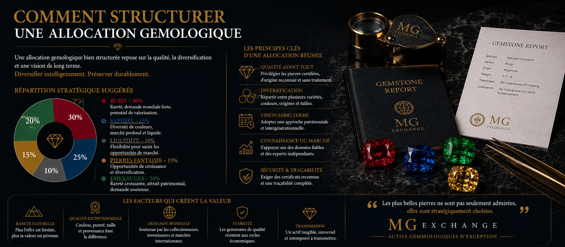 Pierres précieuses d’investissement certifiées présentées avec rapports gemmologiques sur fond sombre, illustrant une stratégie de diversification et d’allocation gemmologique patrimoniale.