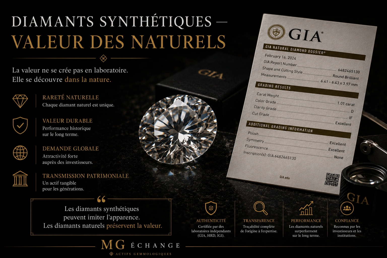 Diamant naturel certifié GIA présenté sur fond sombre aux côtés d’un rapport gemmologique, illustrant la différence de valeur entre diamants naturels et diamants synthétiques.
