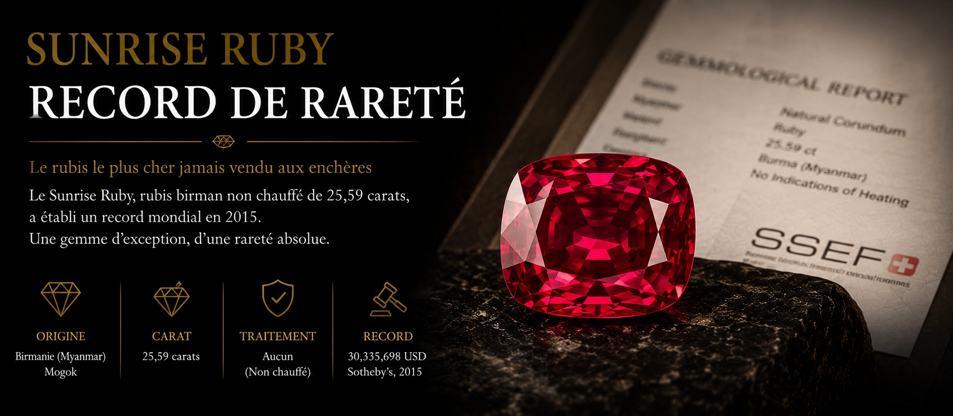 Sunrise Ruby, célèbre rubis birman non chauffé de couleur rouge intense, symbole de rareté absolue et record historique sur le marché des pierres précieuses.