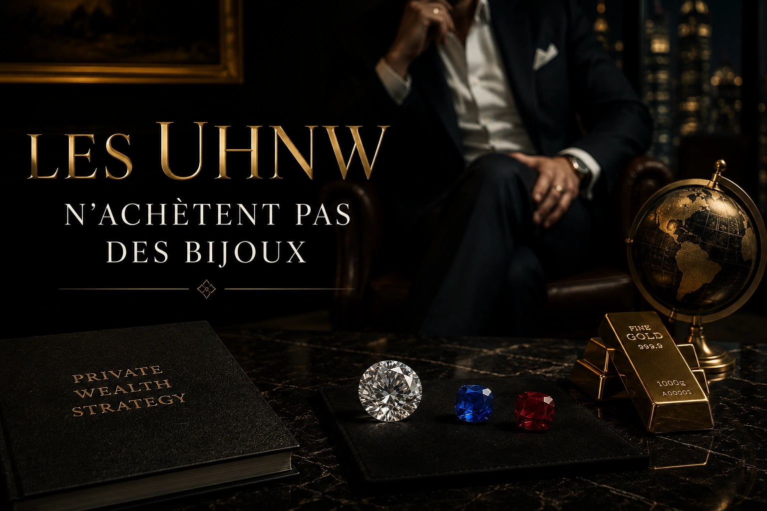 Diamant, rubis et saphir de haute valeur présentés dans un environnement de wealth management illustrant les actifs gemmologiques recherchés par les grandes fortunes.