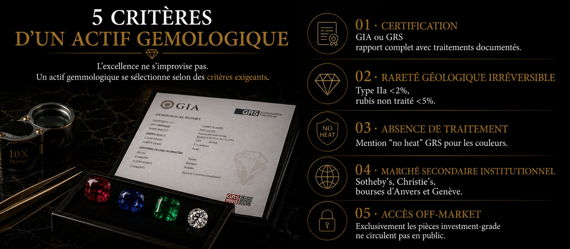 Rubis, saphir, émeraude et diamant d'investissement présentés avec un rapport gemmologique, illustrant les cinq critères d'un actif gemmologique patrimonial.