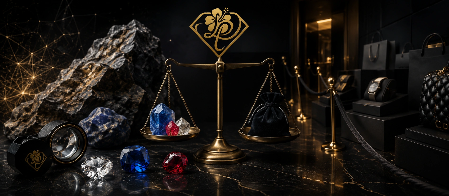 Illustration de la rareté géologique des diamants, rubis et saphirs face aux mécanismes du luxe, avec balance symbolique, pierres précieuses et environnement patrimonial haut de gamme.